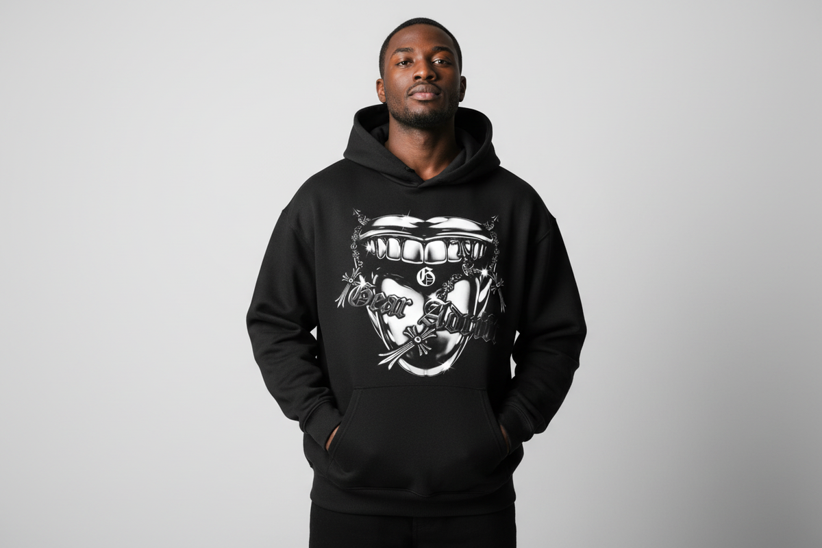 Black male model wearing chromelips hoodie