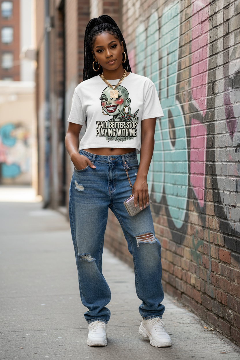 Model wearing LADYLIBERTY cropped t-shirt